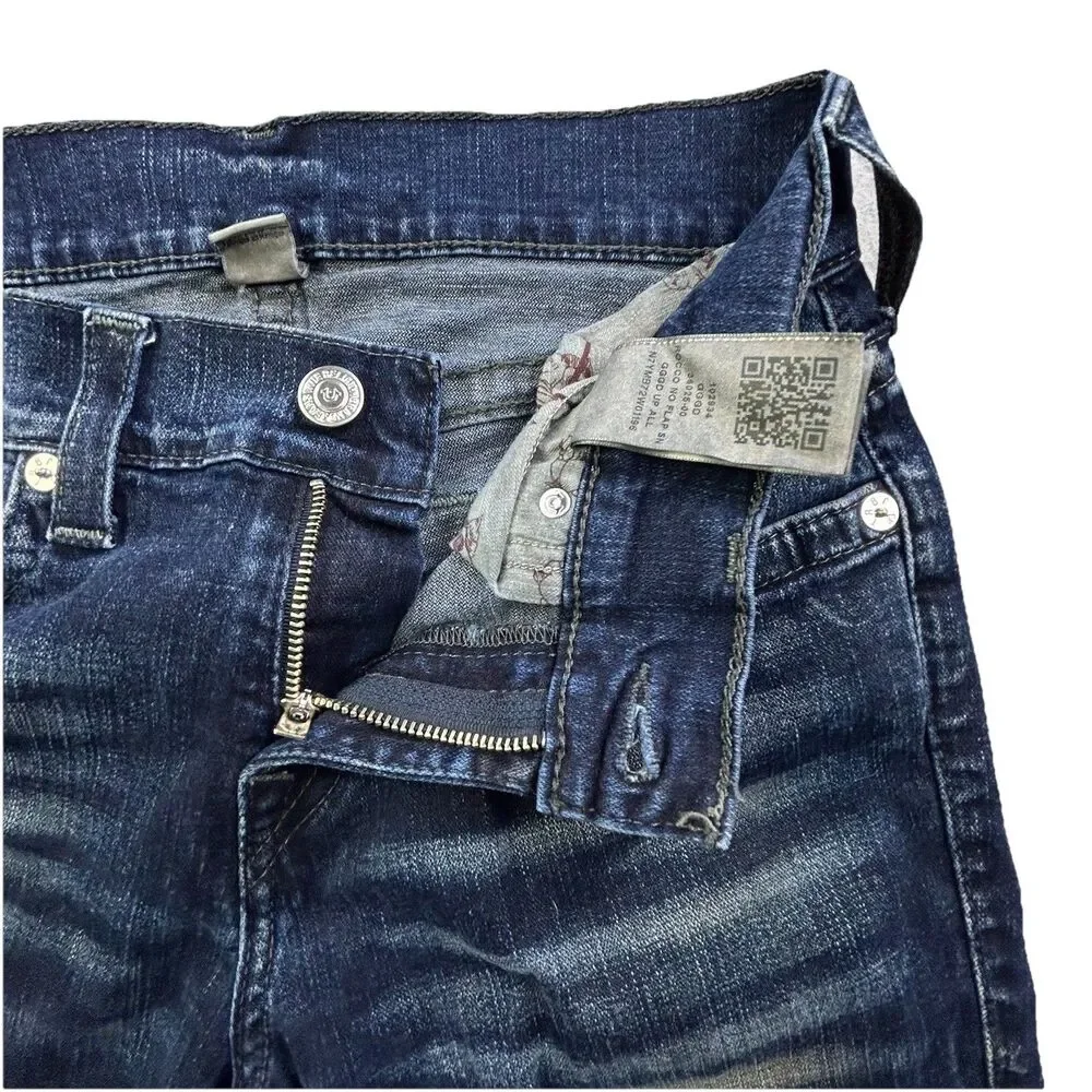 True Religion Jeans Mens 30x33 Blue Rocco Relaxed Skinny Whiskering Embroidered
